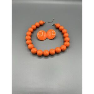 Vintage 1960s Mod Orange Bead Necklace 18" & Pierced Earrings Set Bold Retro Pop